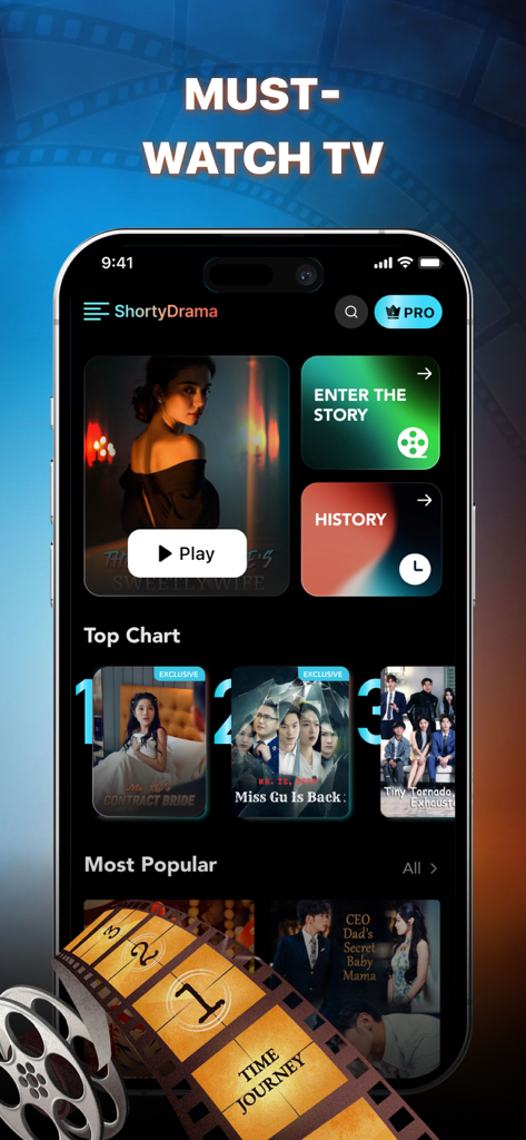 ShortyDramaモバイルアプリのインターフェース。話題のミニシリーズとトップドラマチャートを表示。