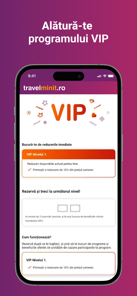 Captura de pantalla de la pantalla del programa de fidelización VIP de la aplicación Travelminit mostrando niveles de membresía y beneficios de descuento.