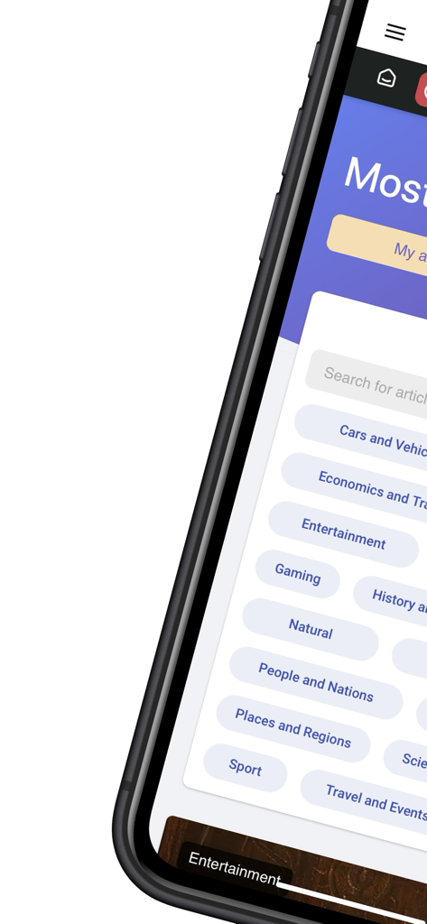 Sara App discover blog interface with article search and topic categories.