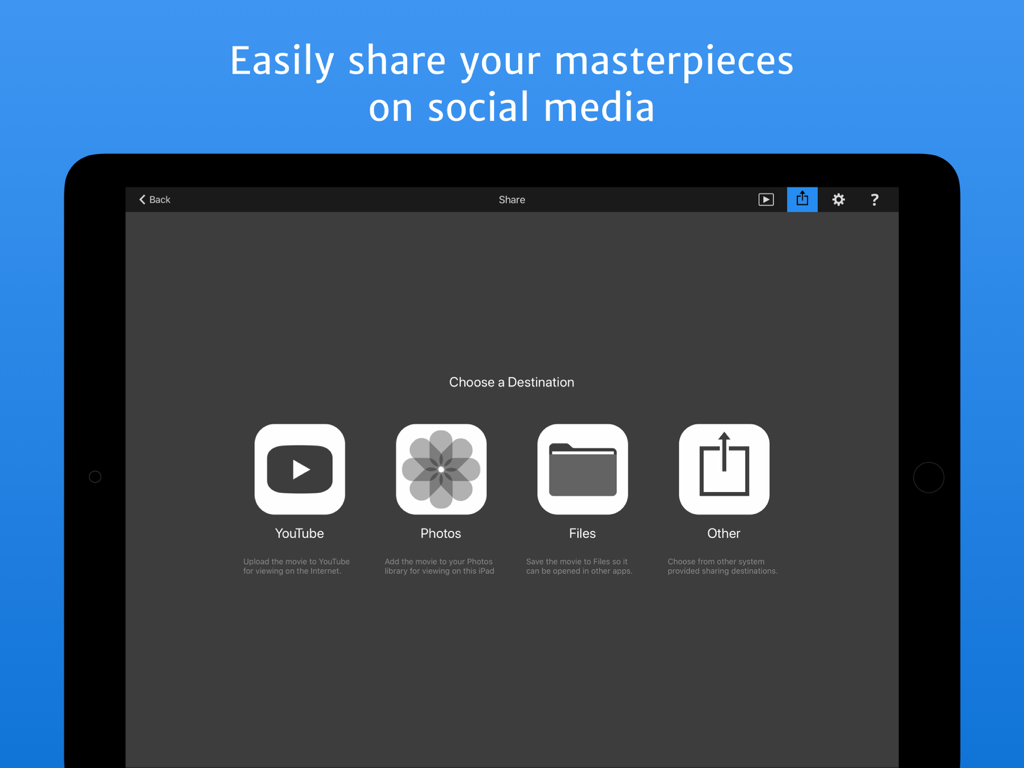 FotoMagico for iPad - iPad用FotoMagicoの共有メニューのスクリーンショット。YouTube、写真、ファイルへのエクスポートオプションを表示しています。