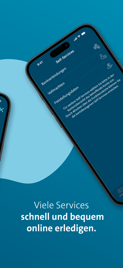 Volkswagen Bank Banking - Ein iPhone-Bildschirm mit dem Menü 'Self-Services' in der Volkswagen Bank App mit Optionen zur Verwaltung von Bankverbindungen und Autorisierungen.