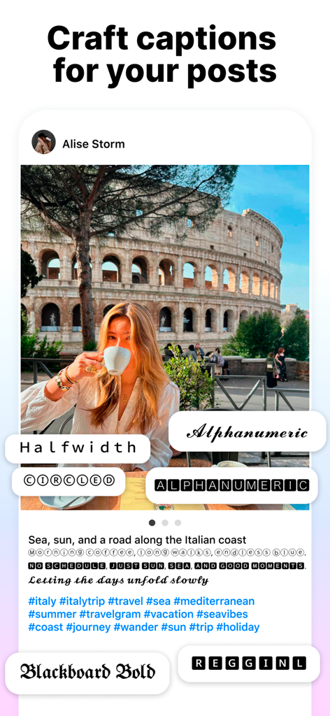 Preview Feed for Insta・Layout - Interface showing stylized font options for Instagram captions in the Preview Feed app