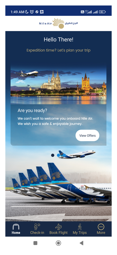 Home screen of the Nile Air mobile app featuring flight booking and check-in options with a view of the airline fleet