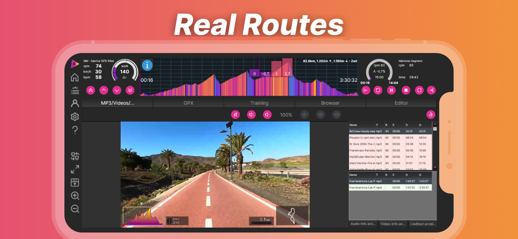 icTrainer app dashboard showing a real world cycling route video with performance metrics like power and cadence
