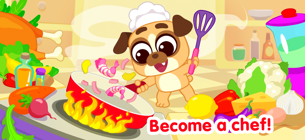 Restaurant Cooking food games - Un simpatico carlino chef che cucina gamberi in una padella con il testo 'diventa uno chef'