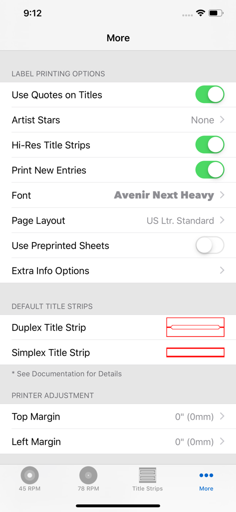 My Vinyl for Jukebox Owners - Settings menu showing label printing options and printer adjustments for jukebox title strips.