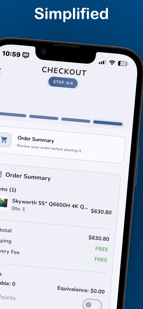 Raines Africa - A simplified checkout summary on the Raines Africa mobile shopping app showing a TV purchase.