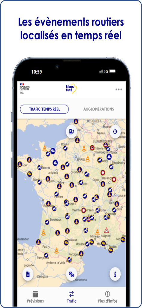 Bison Futé - Bison Fute official French traffic app showing real time road events on a map of France