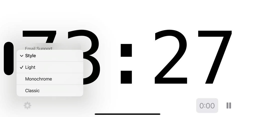Pace Clock - Interface of the Pace Clock app featuring a large digital timer and a settings menu for style selection.