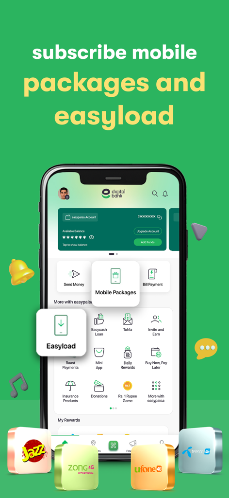 Easypaisa app interface showing mobile package subscriptions and easyload options for Pakistani networks like Jazz, Zong, Ufone, and Telenor.
