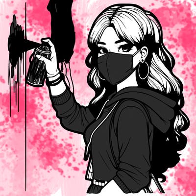 realistic girl with mask spray painting a wall