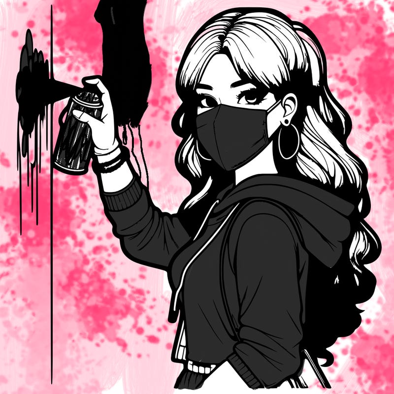 realistic girl with mask spray painting a wall