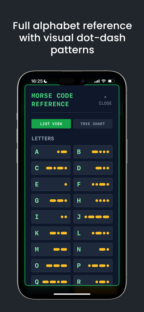 Morse code alphabet reference screen in the CW Morse Master app showing letters and dot-dash patterns.