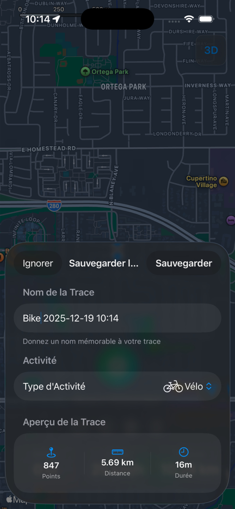 GPS Trace - Track & Record - The save screen of a GPS tracking app displaying a summary of a completed cycling trip including distance, duration, and a map view.