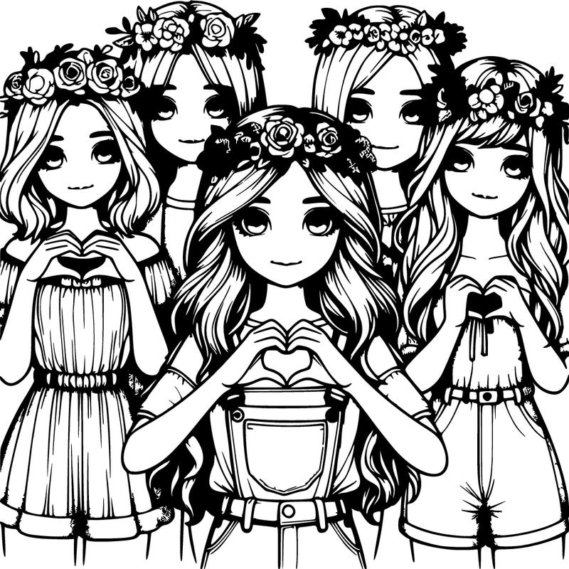 realistic group of girls with flower crowns and cute realistic outfits with their hands in a heart