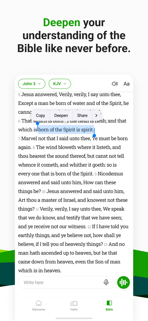 HelloBible app screen showing a Bible verse selection with a feature to deepen understanding of the text