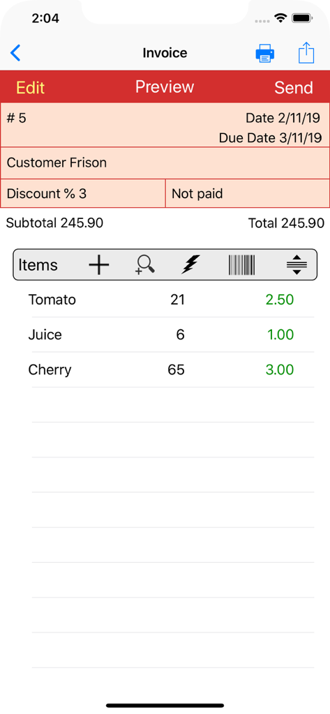 Invoice Pro. - Invoice Pro app interface for editing an invoice with product list and pricing