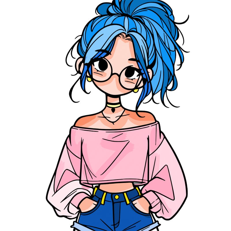 girl with a messy ponytail glasses a baggy crop top and jean shorts
