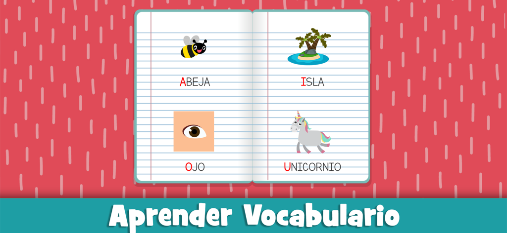 Un cuaderno digital que muestra palabras e imágenes en español que comienzan con vocales para niños que aprenden vocabulario
