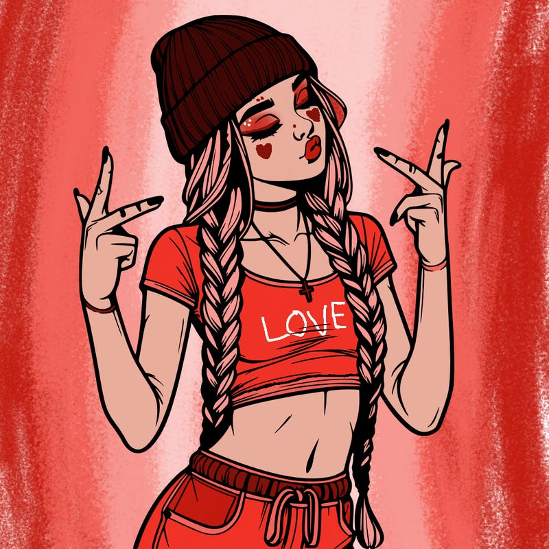realistic teenage girl with braids and a beanie and crop top doing 🫶🏼