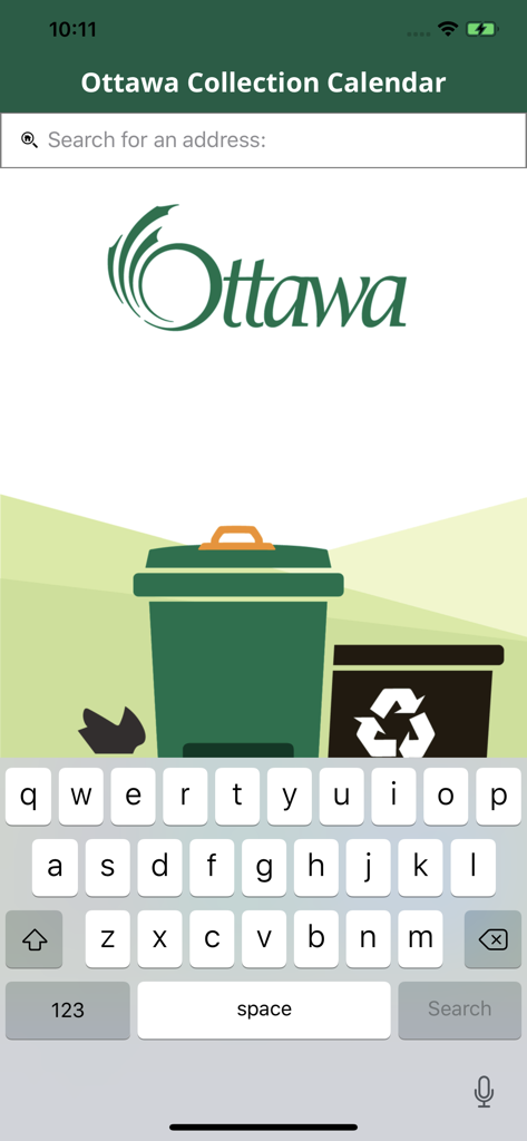 Ottawa Collection Calendar app search for an address screen with municipal logo and bin icons