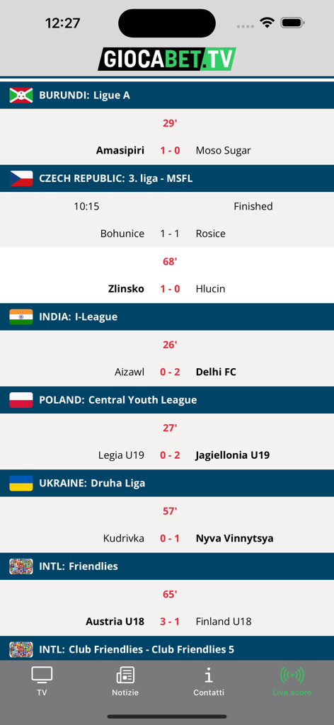 Giocabet.TV - Interfaz de la aplicación Giocabet TV que muestra resultados de fútbol en tiempo real de múltiples ligas internacionales