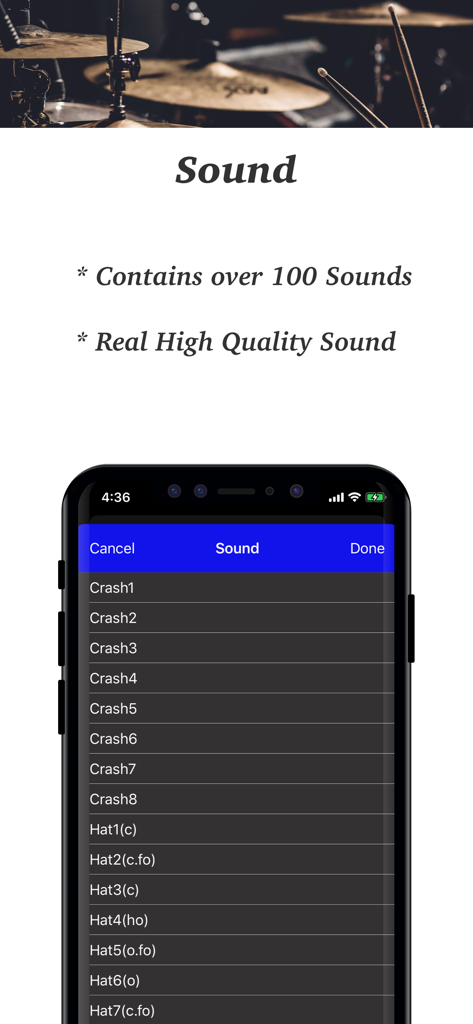 Drum PAD + - Real Finger Drums - A smartphone displaying a list of over 100 high quality drum sounds