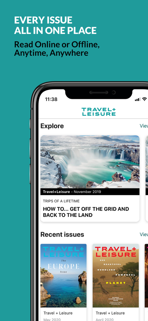Travel + Leisure - Travel and Leisure app displaying digital magazine issues and travel articles