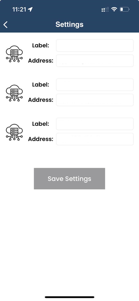 Écran des paramètres pour configurer les étiquettes et adresses du serveur RMS dans l'application Digital Detective.