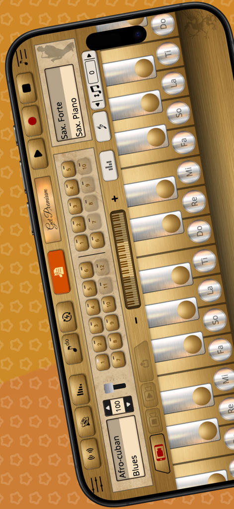 Saxophone Sim - Saxophone simulator app interface with wood texture and musical keys labeled Do Re Mi
