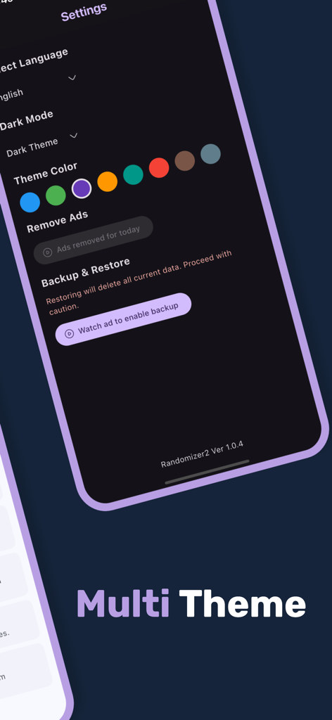 Randomizer2.0 - Pantalla de configuración de la aplicación Randomizer 2.0 que muestra opciones de color multitema y personalización del modo oscuro