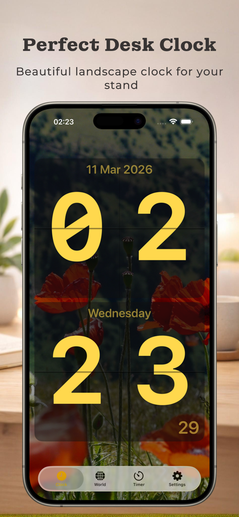 Flipora app on an iPhone showing a vertical flip clock with yellow numbers and a floral background