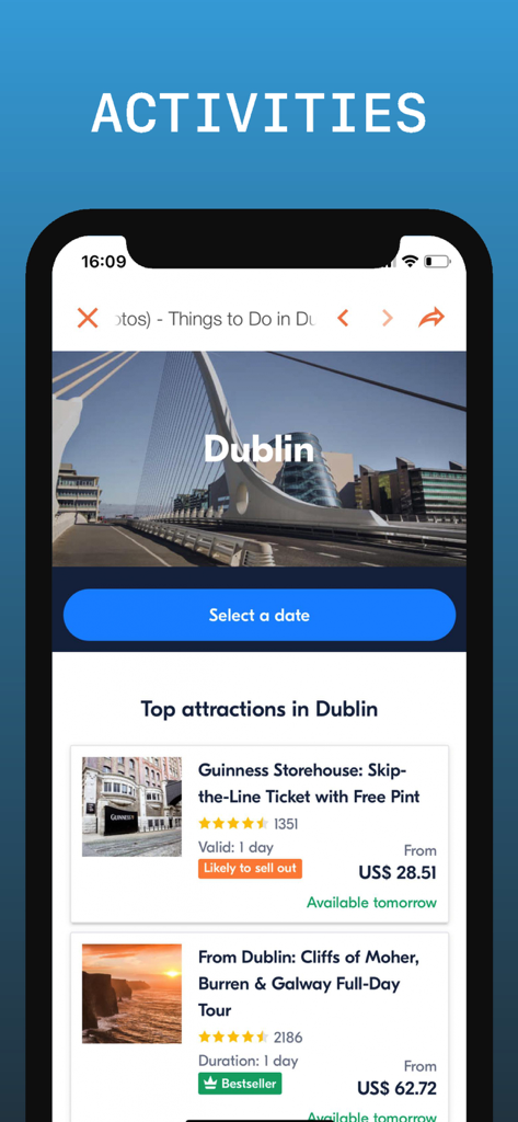 더블린 여행 가이드 앱 화면, 도시의 주요 명소 및 투어 표시