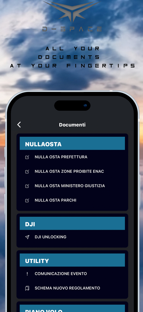 D-Space app screen showing Italian drone flight authorizations and pilot documents