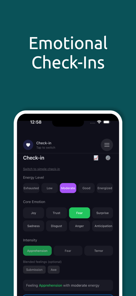 Regulator - Regulator app emotional check-in screen for tracking mood and energy levels