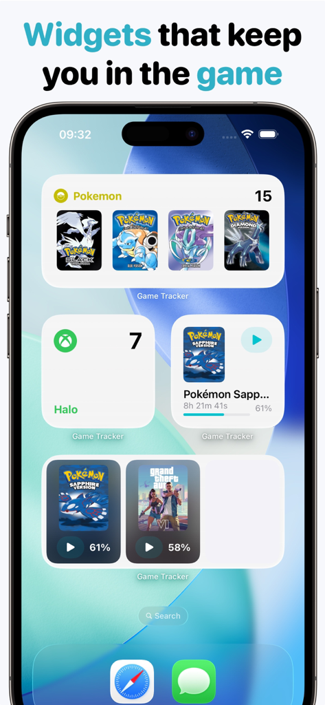 Game Tracker: Play & log - iPhone Home Screen mit verschiedenen Game Tracker Widgets, die Spielsammlungen und Spielfortschritt anzeigen