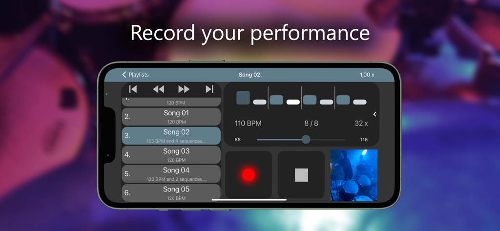 Camtronome - Pro Metronome - Interface of the Camtronome app displaying song playlists and a video recording feature for music performances
