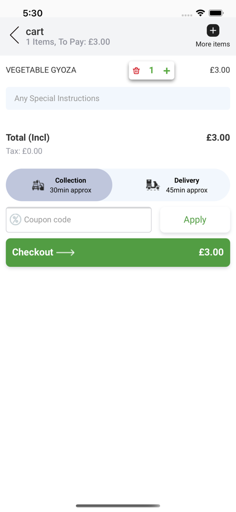 NOODLE- BOX - Pantalla del carrito de la aplicación móvil Noodle Box que muestra un pedido de gyoza de verduras con opciones de recogida y entrega.