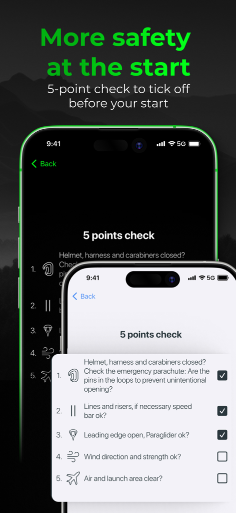 Vario One app interface showing the 5-point pre-flight safety checklist for paragliding