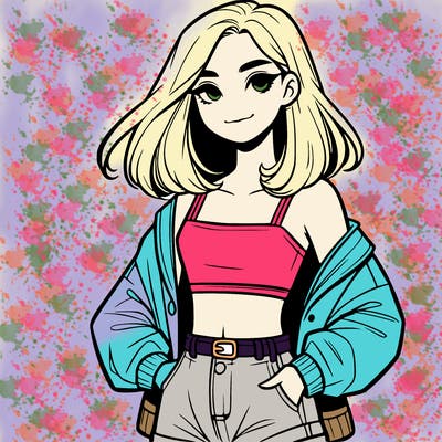 a realistic girl with a crop top and short shorts in an open jacket