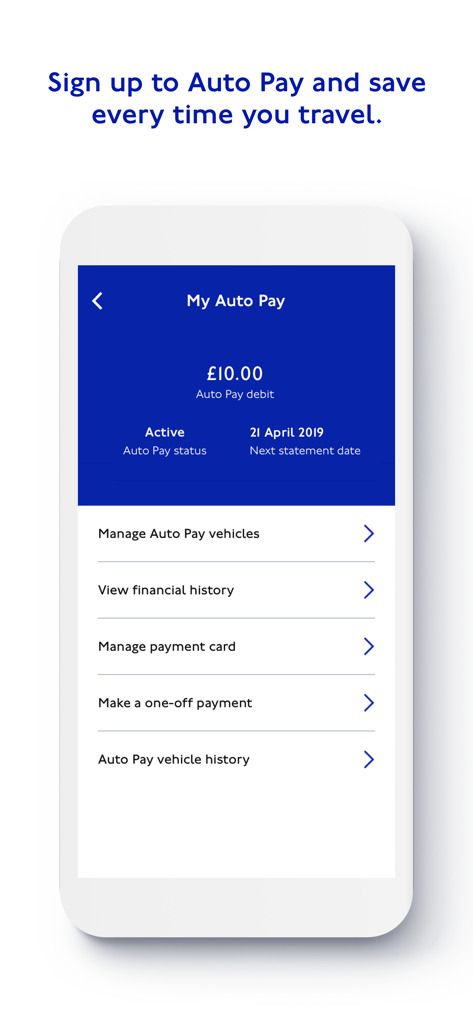 TfL Bezahlen, um in London zu fahren App Meine Auto Pay-Bildschirm mit Kontostatus und Fahrzeugverwaltungsmöglichkeiten.