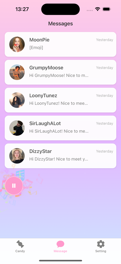 Candy Chat-Sweet Connections - Messaging interface of the Candy Chat app featuring a list of user chats with a soft pastel aesthetic.