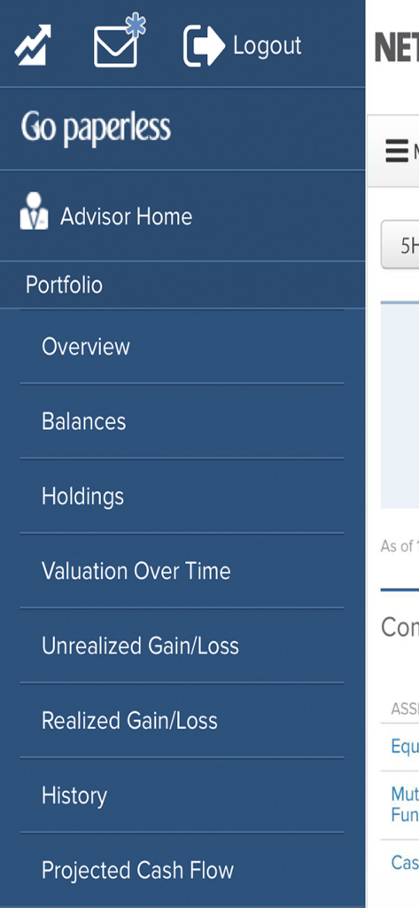 Side navigation menu of the NetXInvestor mobile app showing portfolio overview balances and holdings options