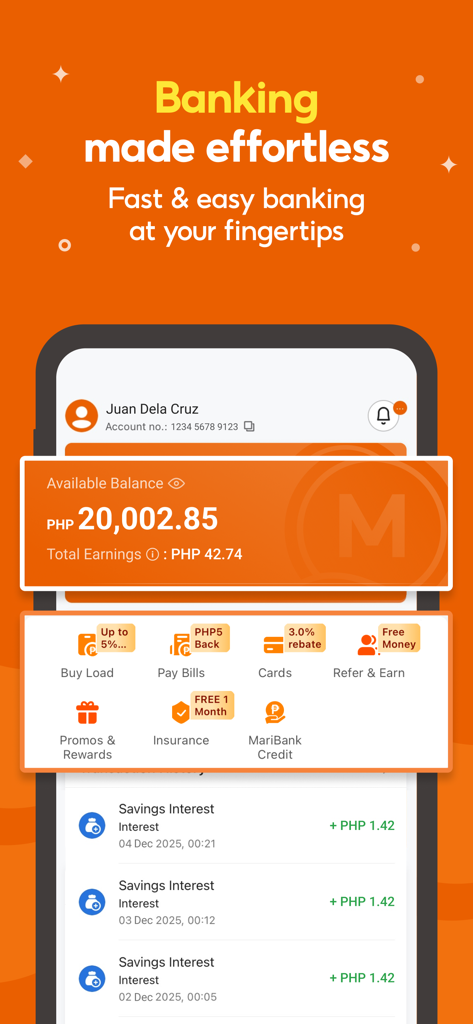 Mobile interface of MariBank PH showing account balance and daily interest earnings