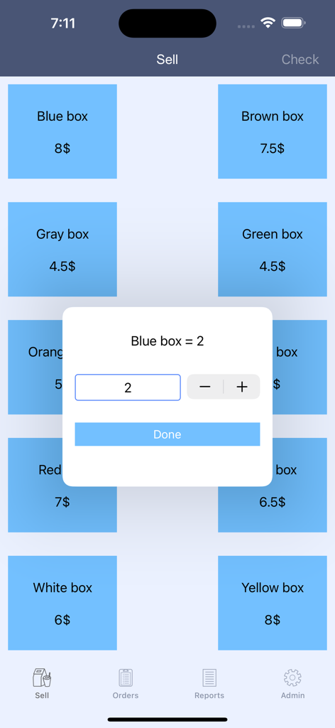 Interface do aplicativo móvel EasyForSale mostrando uma grade de seleção de produtos e um pop-up de ajuste de quantidade