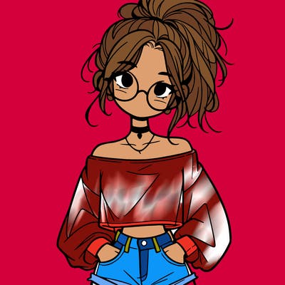 girl with a messy ponytail glasses a baggy crop top and jean shorts