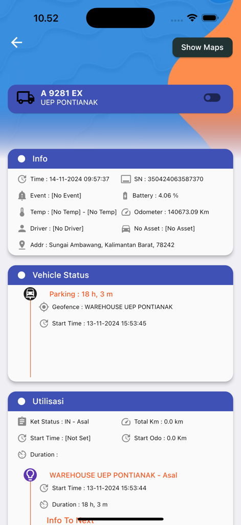 TMS Easygo - TMS Easygo app screen showing vehicle information, parking status, and fleet utilization metrics.
