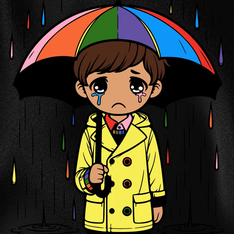 a sad realistic person with an umbrella in a raincoat in the pouring rain