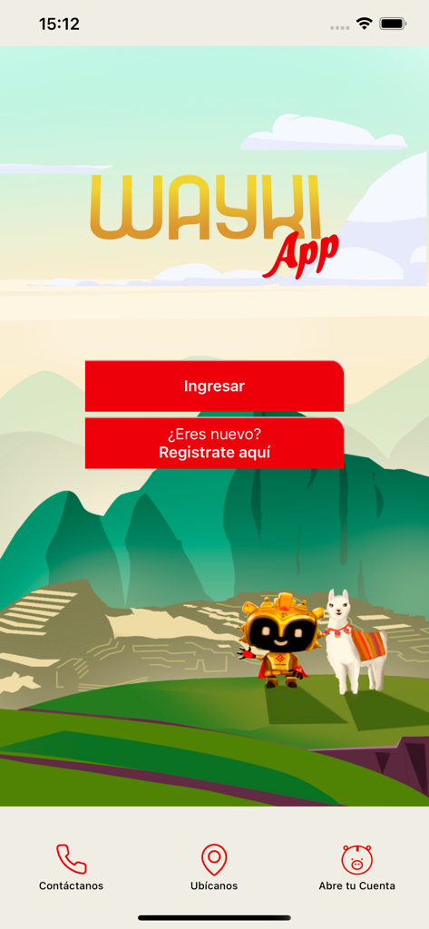 Wayki App - Caja Cusco Móvil - Tela inicial do Wayki App com botões de login e registro sobre uma ilustração de Machu Picchu