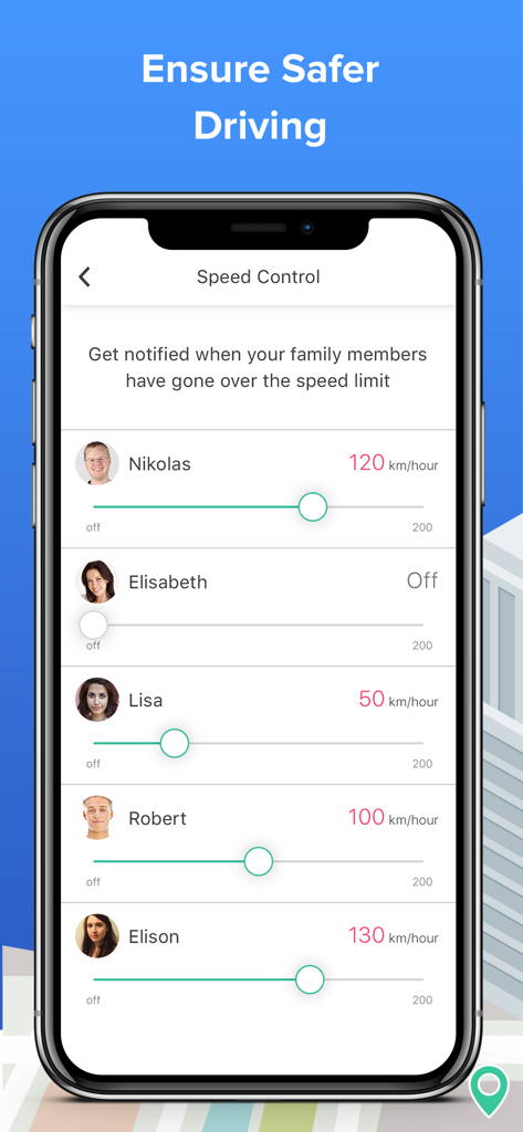 Interface of Family Locator app showing speed control settings to monitor family driving safety and set speed limit notifications